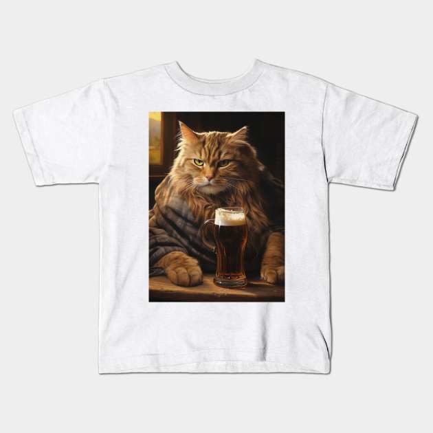 Funny Cat Beer Kids T-Shirt by Nenok